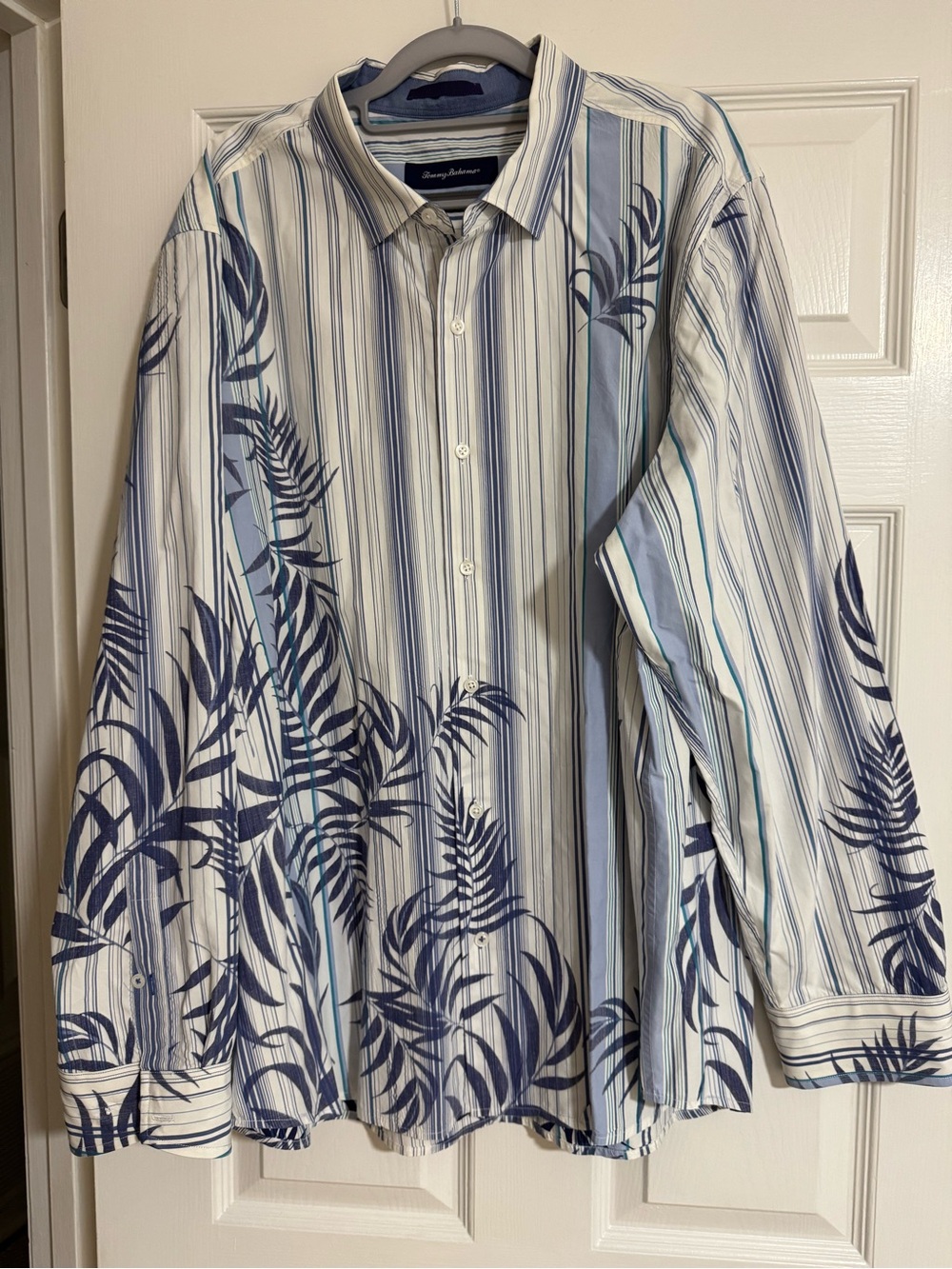 Tommy Bahama Blue White Striped Button-Down and Leaf Print “Frond With The Wind”